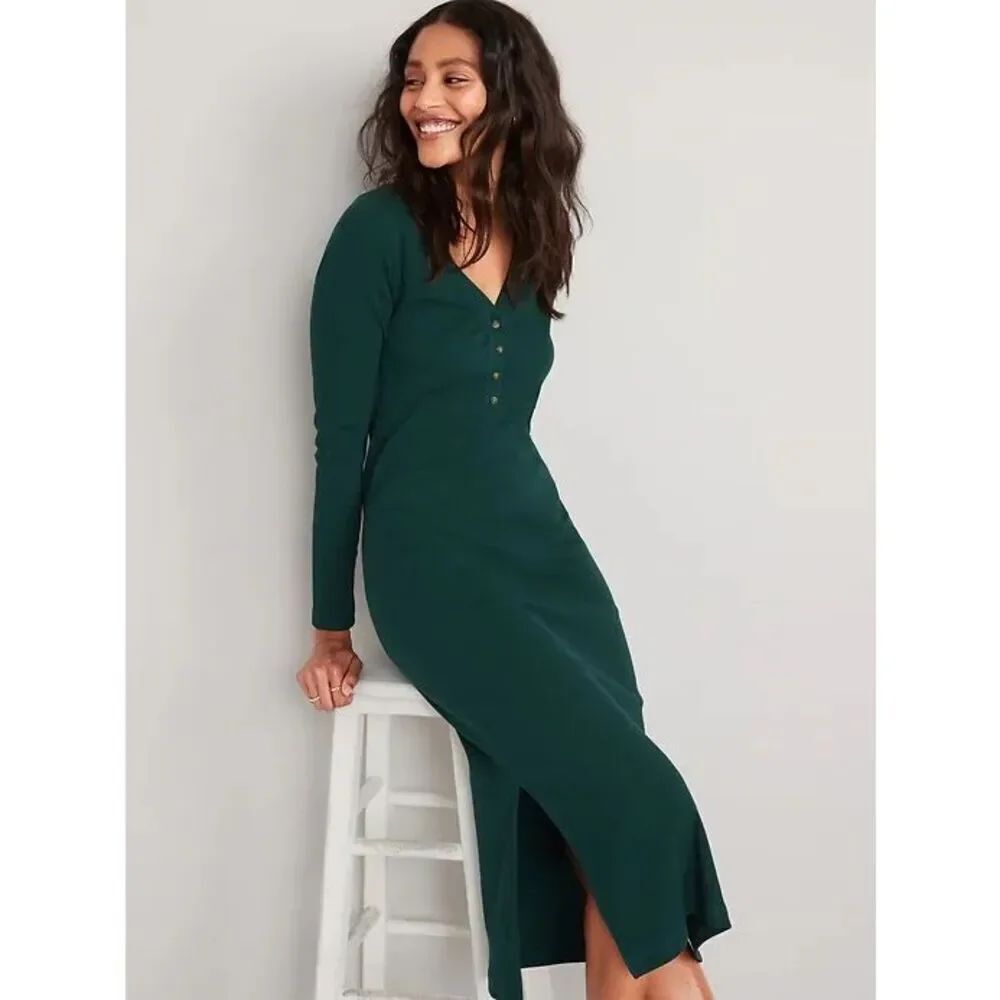 Old Navy V-neck Rib-Knit Henley Midi Dress in "Emerald Isle" Green 2XL #763